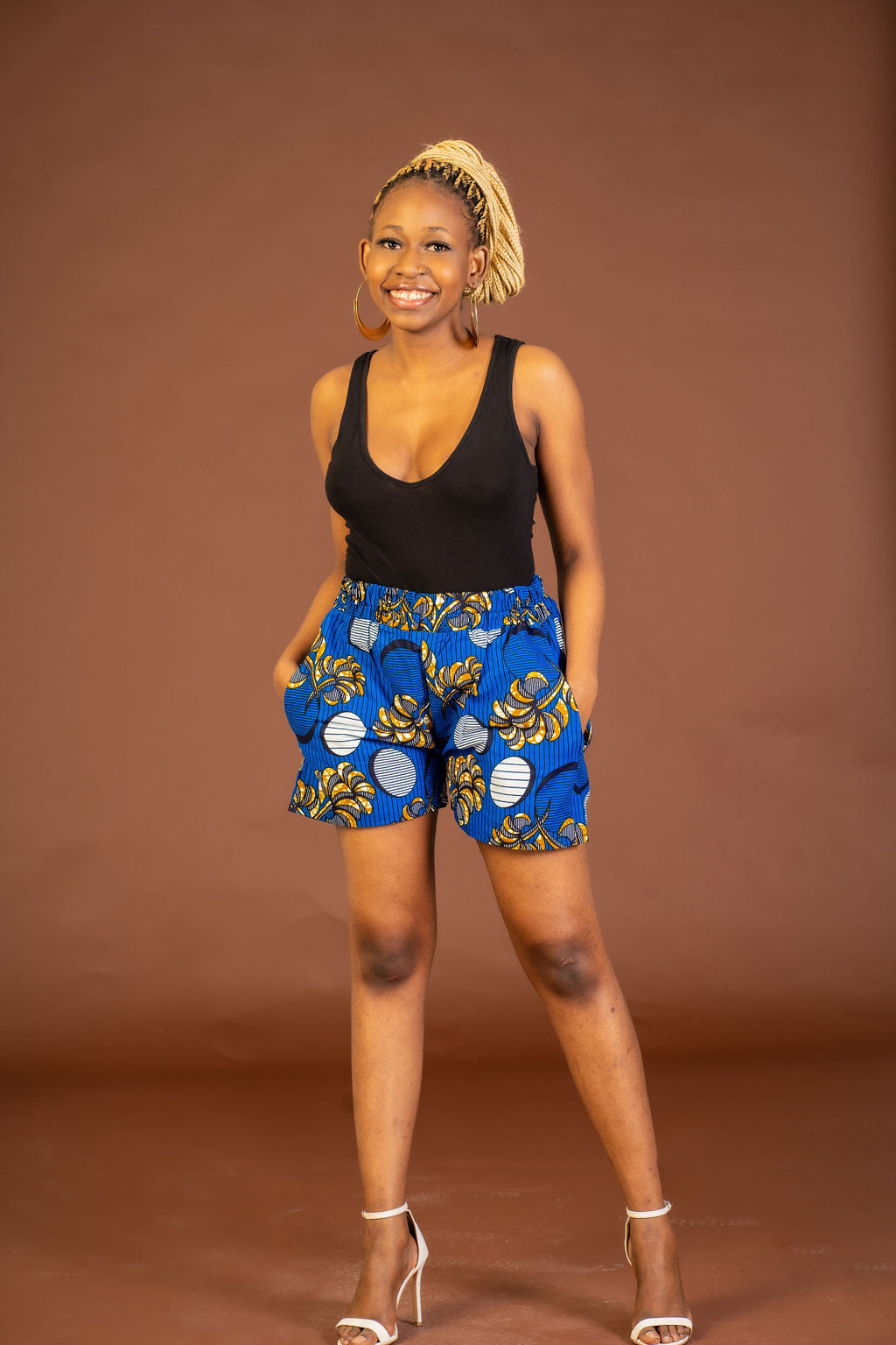 Amarachi Ankara High Waisted Shorts Blue and White African Print M.A.DKollection