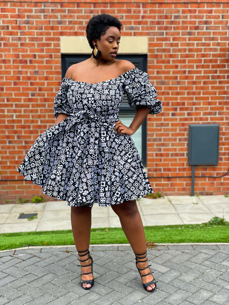 Bertie Ankara Short Mini Dress | Black and White African Print