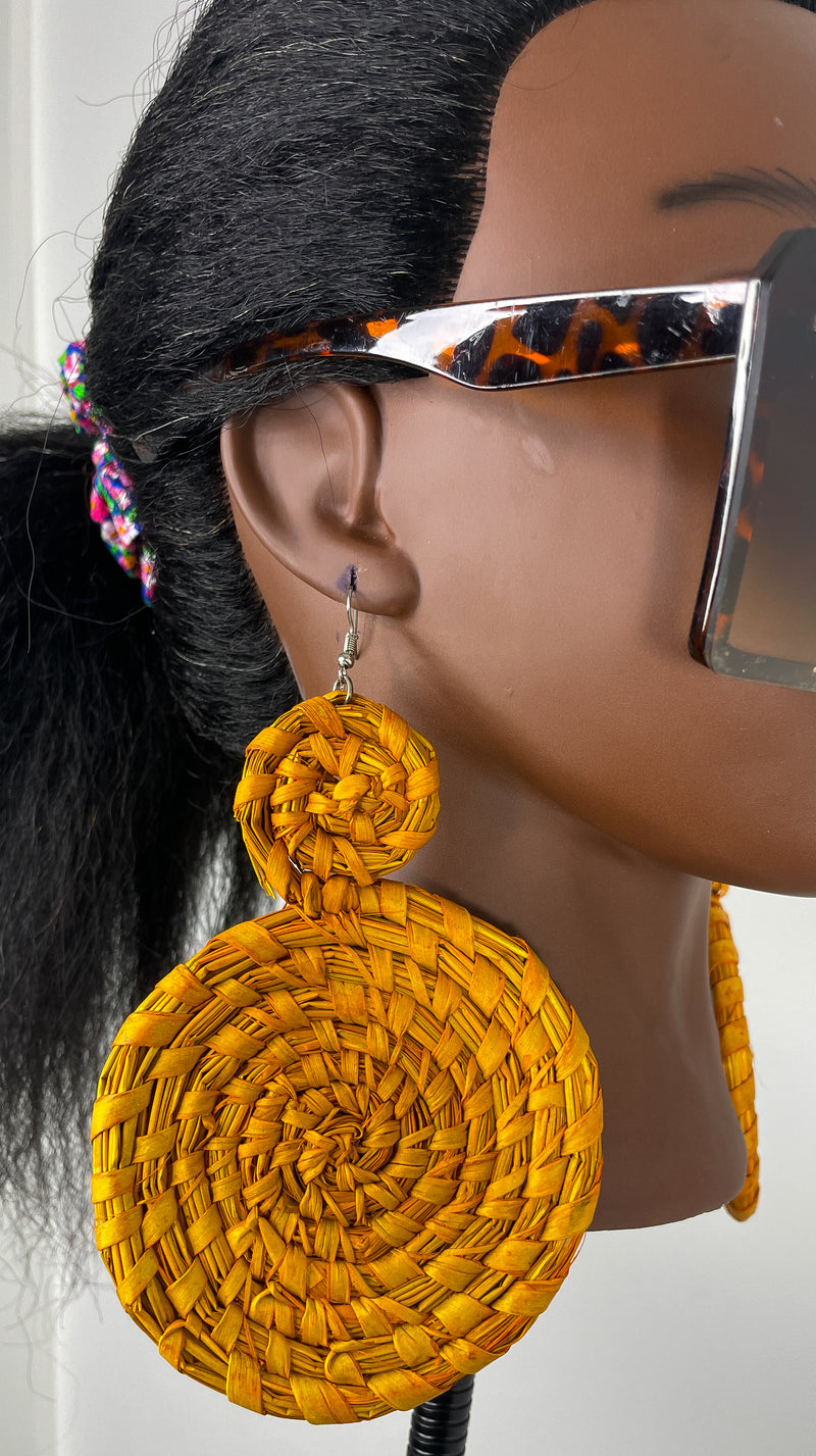 Mustard Yellow Double Circle Rattan Earring