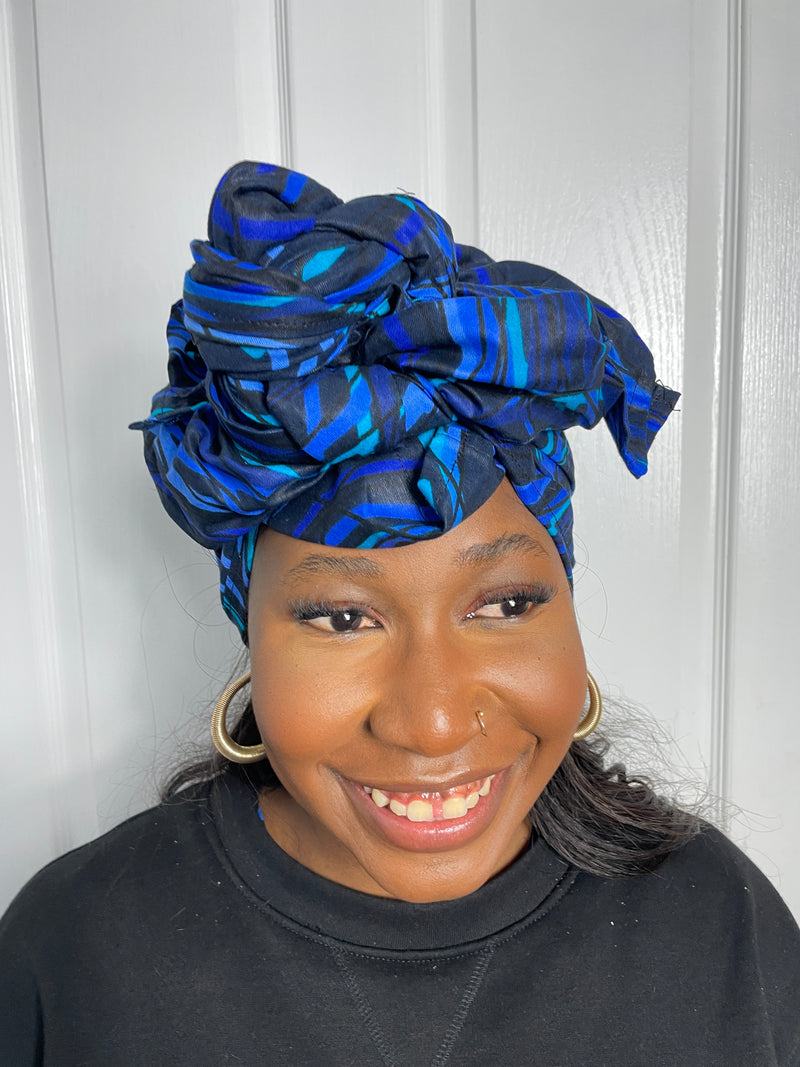 Stephanie Blue and Black Ankara Headwrap/Scarf