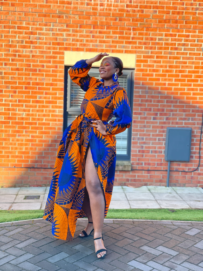 Etty Ankara Maxi Dress | Blue and Orange African Print