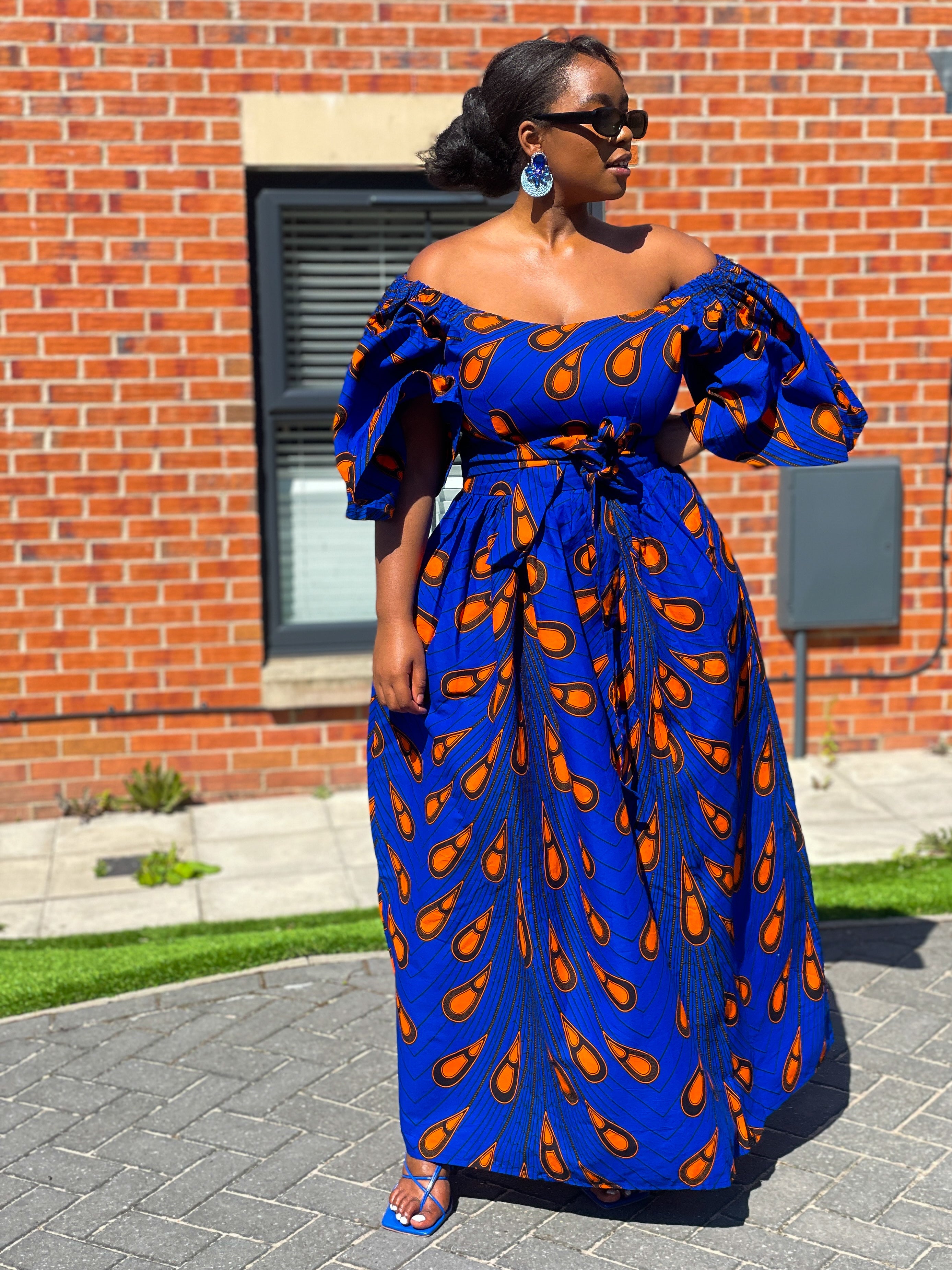 Nimi Ankara Off Shoulder Maxi Dress Blue and Orange African Print M.A.DKollection