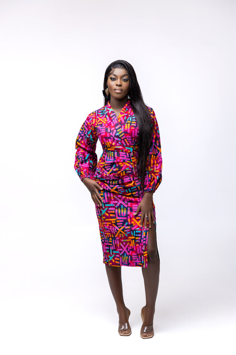 Quin Ankara Midi Dress | Pink and Yellow Multicolored African Print