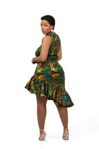 Hazel Ankara Sleeveless Midi Dress | Green Multicolored African Print