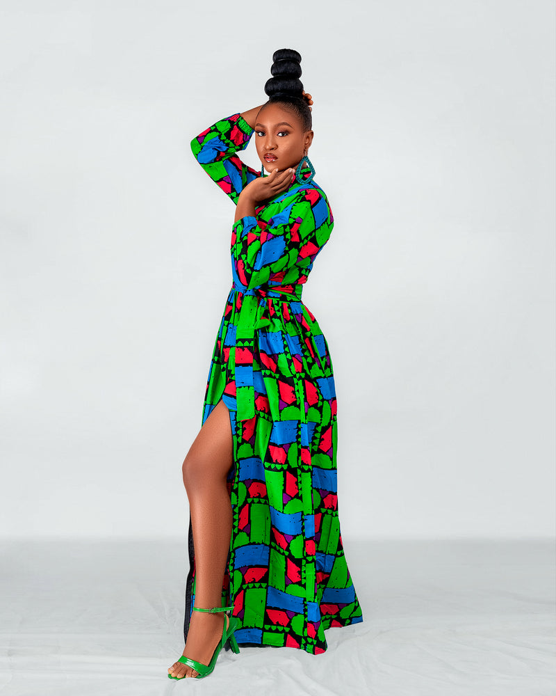 Rukky Ankara Maxi Dress | Green Red Multicoloured African Print