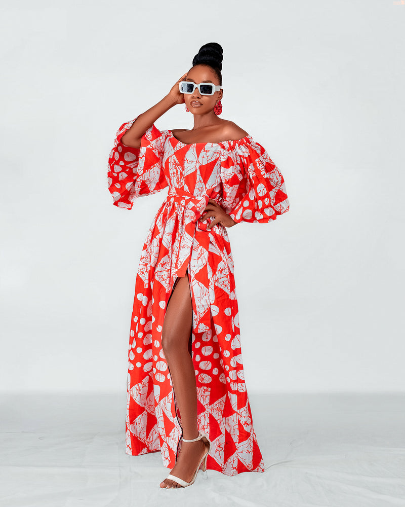 Tori Ankara Off shoulder Maxi Dress | Red and White African Print