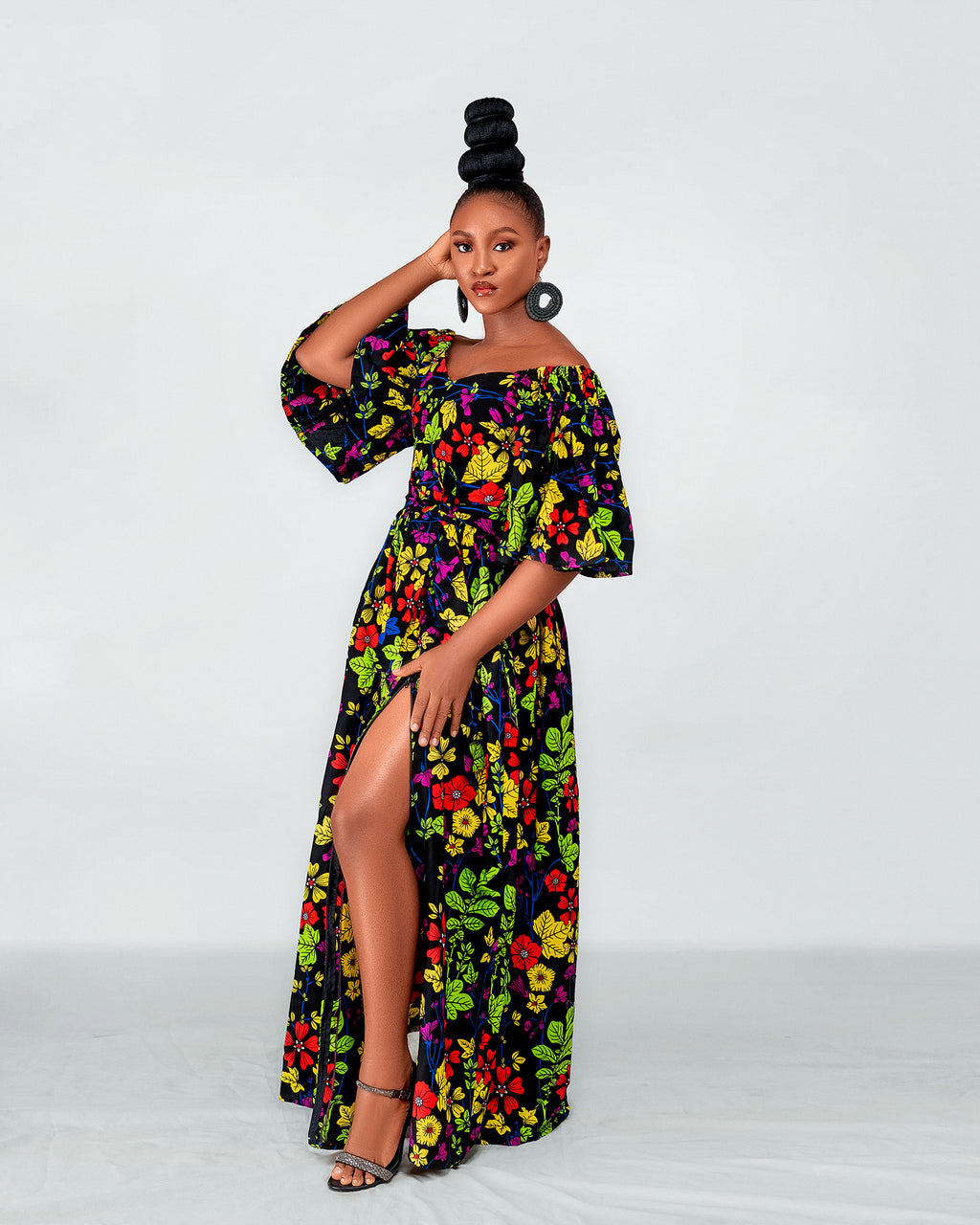 Tess Ankara Off Shoulder Maxi Dress | Green and Pink Multicolored African Print