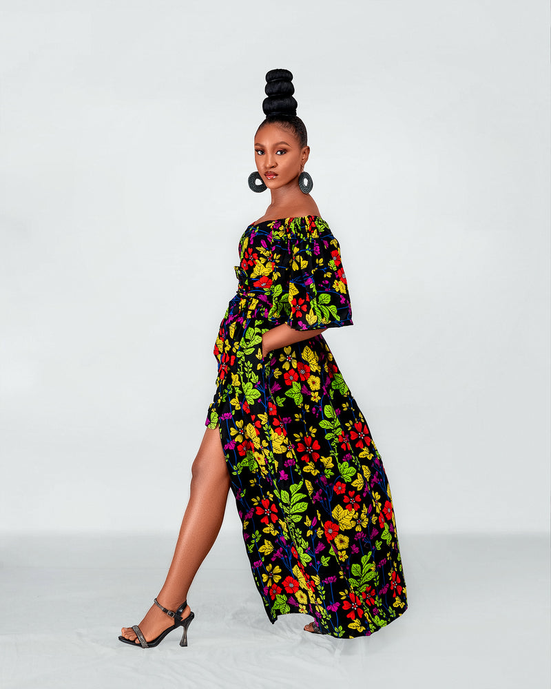 Tess Ankara Off Shoulder Maxi Dress | Green and Pink Multicolored African Print