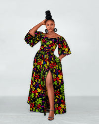 Tess Ankara Off Shoulder Maxi Dress | Green and Pink Multicolored African Print