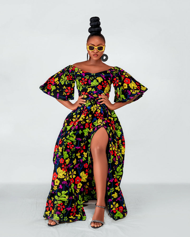 Tess Ankara Off Shoulder Maxi Dress | Green and Pink Multicolored African Print