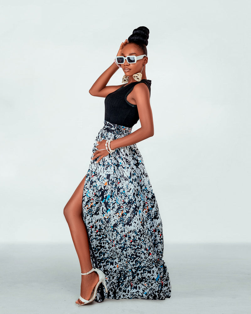 Carol Ankara Maxi Skirt | Black and White African Print