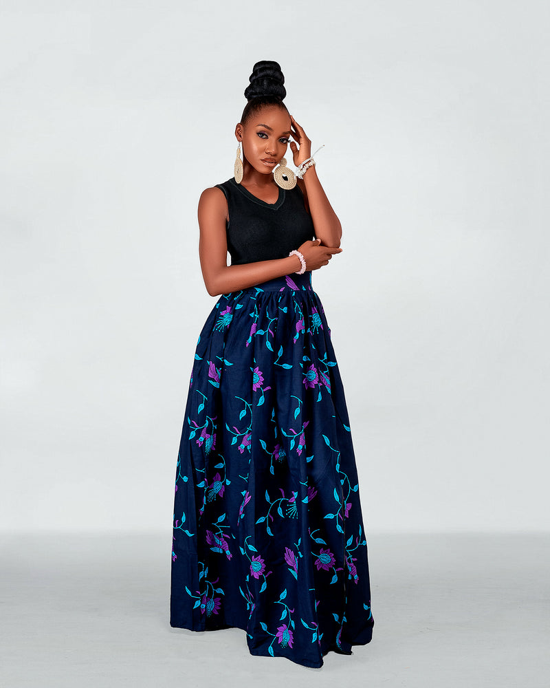 Cora Ankara Maxi Skirt | Navy Blue African Print