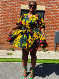 Brenie Ankara Mini Dress |  Green  and Yellow Multicoloured  Print