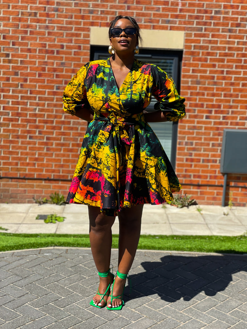 Brenie Ankara Mini Dress |  Green  and Yellow Multicoloured  Print