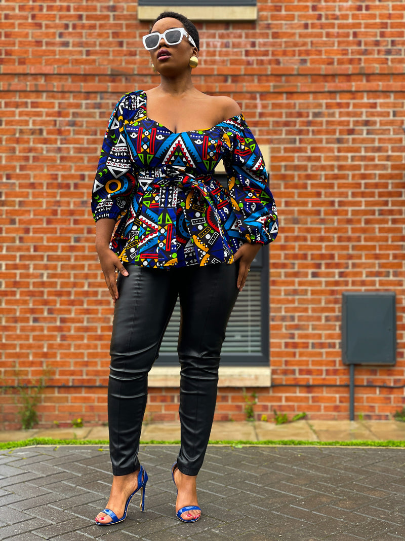 Chloe Ankara Peplum Top | Blue Multicoloured African Print