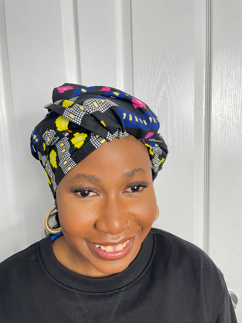 Tanya Black and Blue Multicolored Ankara Headwrap/Scarf