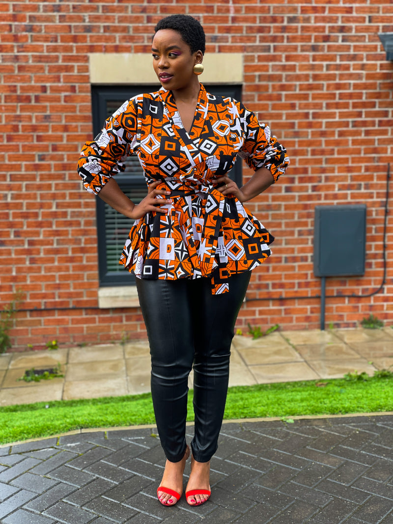 Celia Ankara Peplum Top | Yellow and White African Print