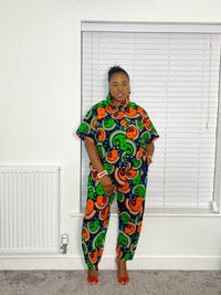 Barbara Ankara Short-sleeves Shirt | Green and Orange Multicolored African Print