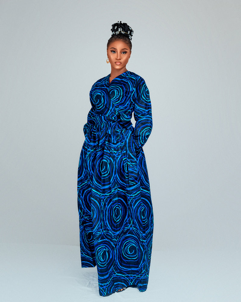 Allie Ankara Maxi Dress| Blue Spiral Print