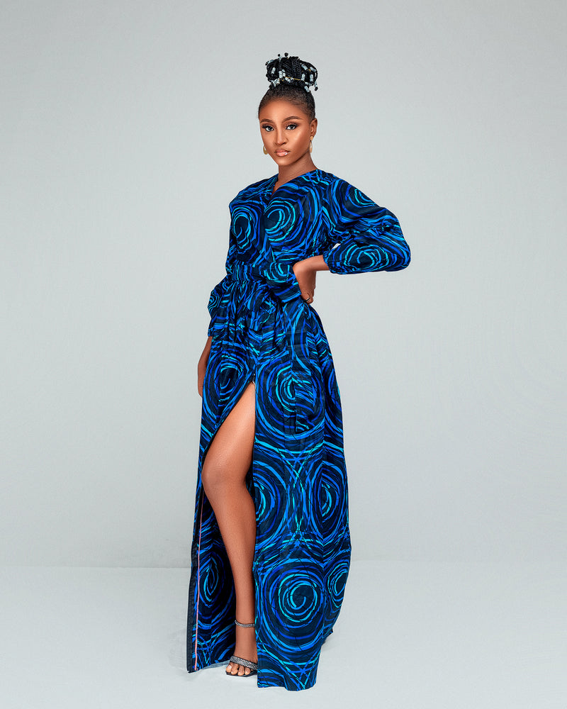 Allie Ankara Maxi Dress| Blue Spiral Print