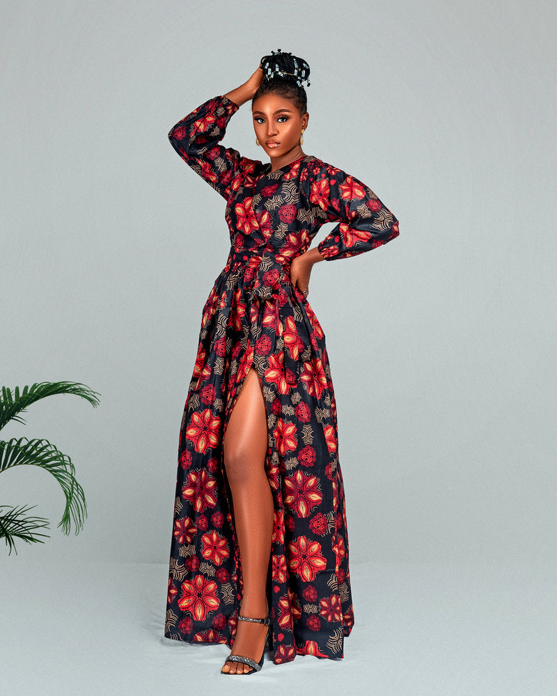 Arin Ankara Maxi Dress | Black and Red African Print