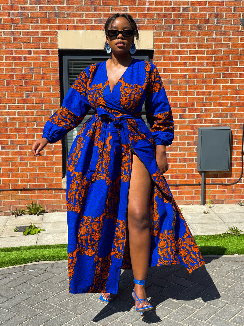 Bekky Ankara Maxi Dress | Blue and Orange African Print