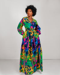 Belva Ankara Maxi Dress | Green and Yellow Multicoloured African Print