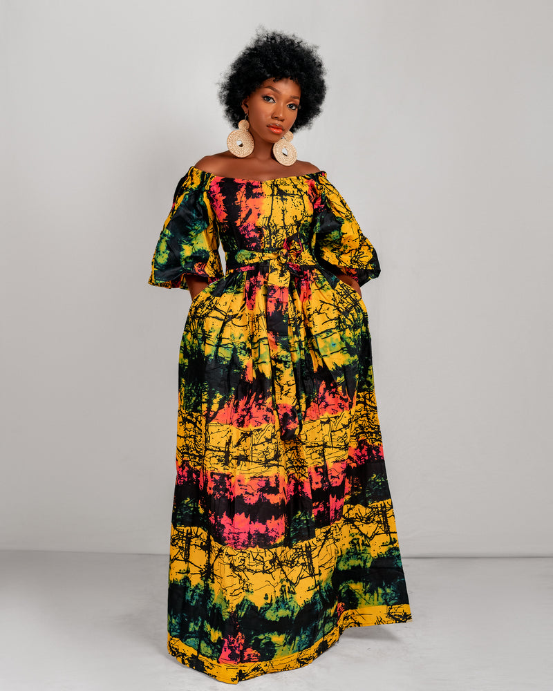 Brenie Ankara Off Shoulder Maxi Dress | Green and Yellow Multicoloured African Print