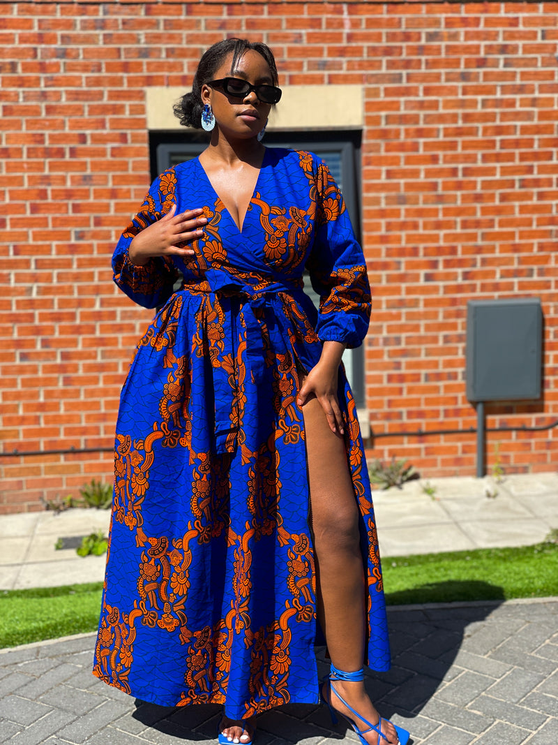 Bekky Ankara Maxi Dress | Blue and Orange African Print