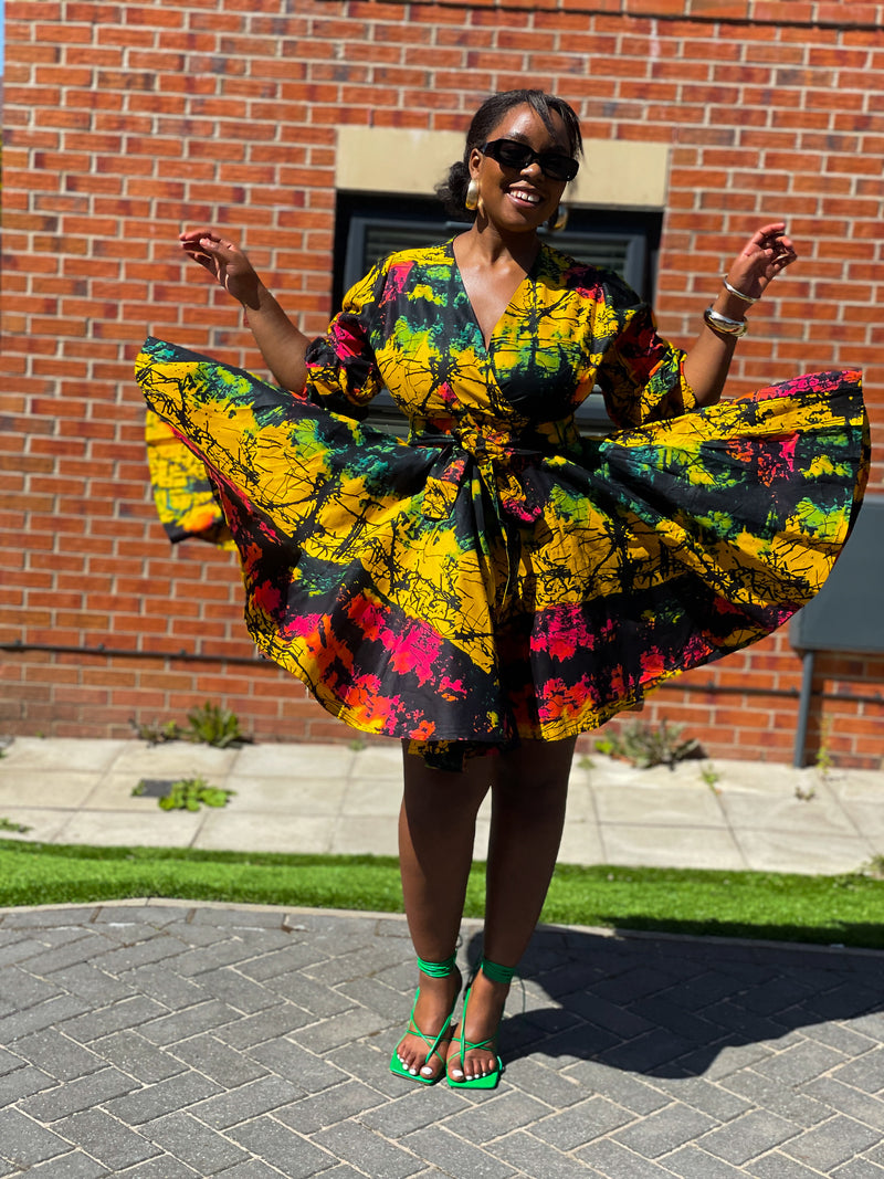 Brenie Ankara Mini Dress |  Green  and Yellow Multicoloured  Print