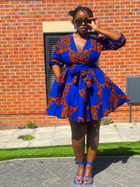 Bekky Ankara Mini Dress | Blue and Orange African Print