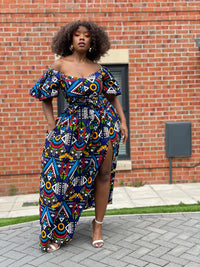 Apphia Ankara Maxi Dress | Blue Multicoloured African Tribal Print