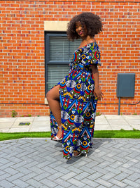 Apphia Ankara Maxi Dress | Blue Multicoloured African Tribal Print