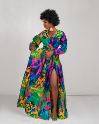 Belva Ankara Maxi Dress | Green and Yellow Multicoloured African Print