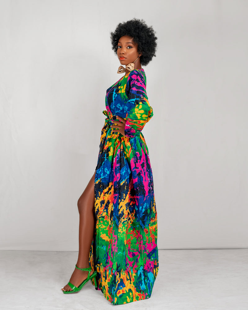 Belva Ankara Maxi Dress | Green and Yellow Multicoloured African Print