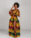 Brenie Ankara Off Shoulder Maxi Dress | Green and Yellow Multicoloured African Print