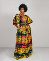 Brenie Ankara Off Shoulder Maxi Dress | Green and Yellow Multicoloured African Print