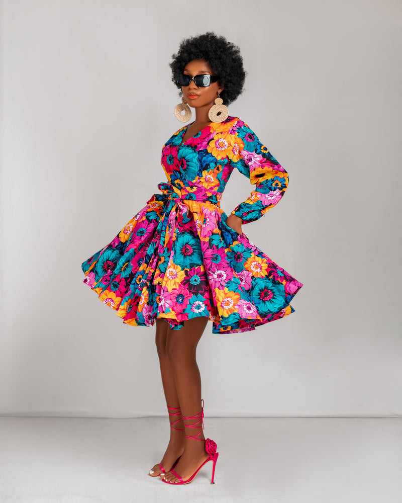 Avita Ankara Mini Dress | Yellow and Pink Multicoloured Floral Print