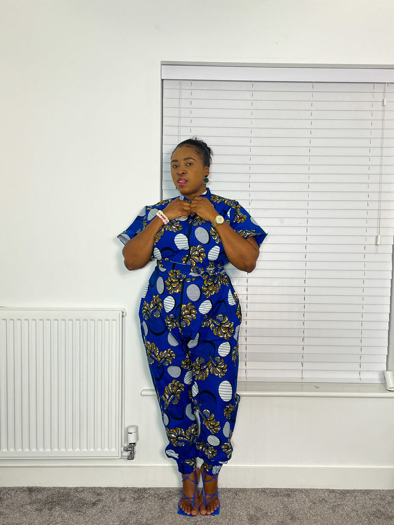 Aria Ankara Jumpsuit | Blue and White African Print