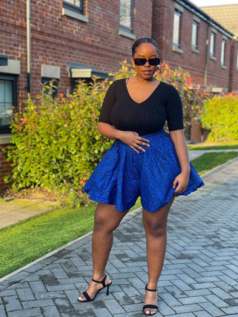 Jummy Ankara High Waisted Flare Short | Blue African Print