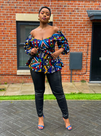 Chloe Ankara Peplum Top | Blue Multicoloured African Print