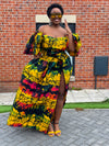 Brenie Ankara Off Shoulder Maxi Dress | Green and Yellow Multicoloured African Print