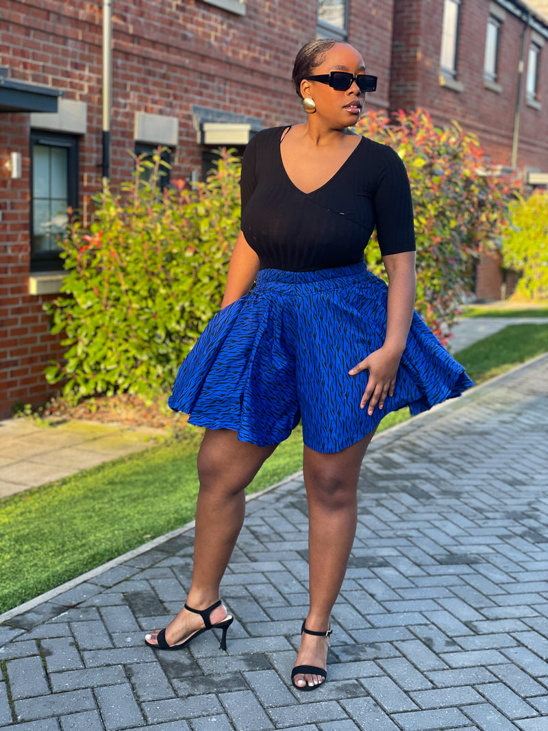 Jummy Ankara High Waisted Flare Short | Blue African Print