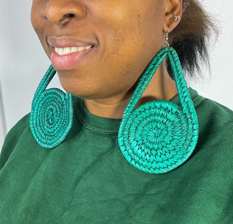 Green XL Triangle Circle Rattan Earring