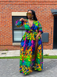 Belva Ankara Maxi Dress | Green and Yellow Multicoloured African Print