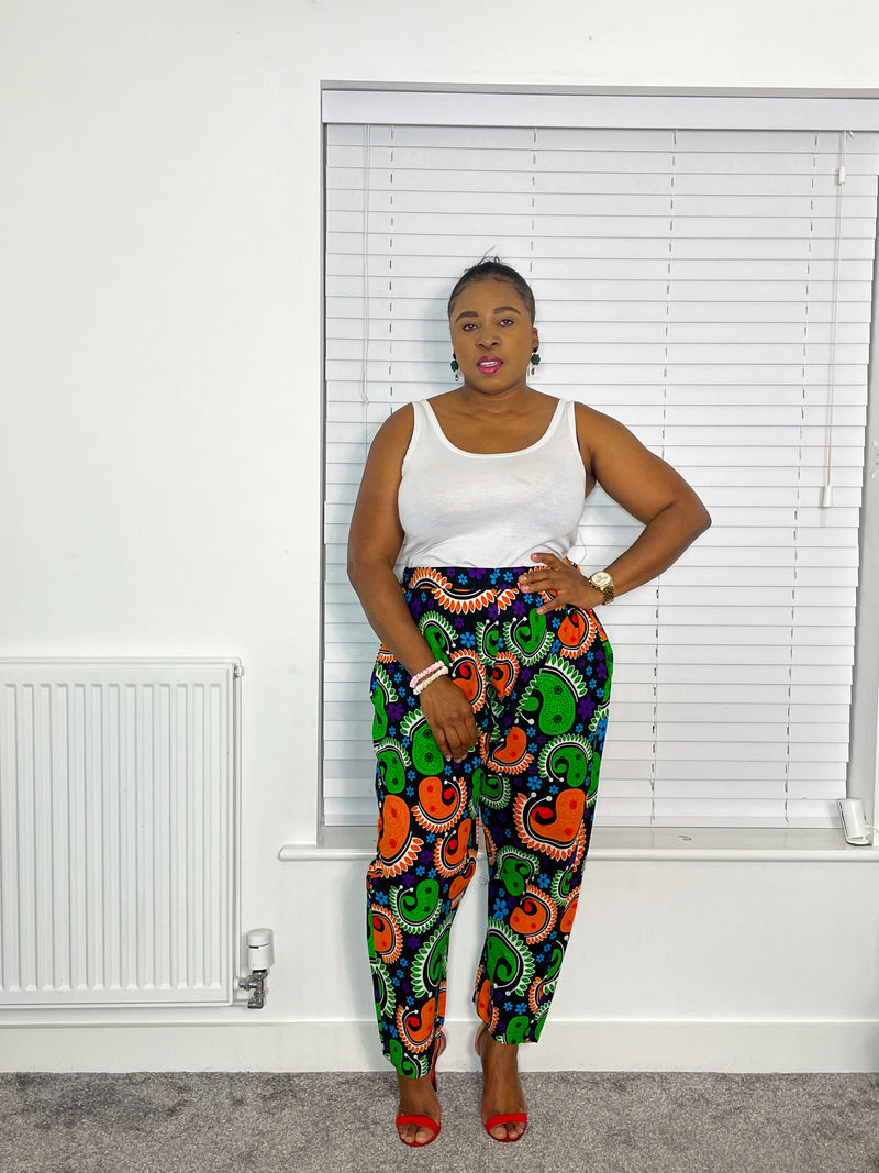 Barbara Ankara Trouser | Green and Orange Multicolored African Print