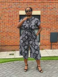 Kattie Ankara Culotte Jumpsuit | Black and White African Print