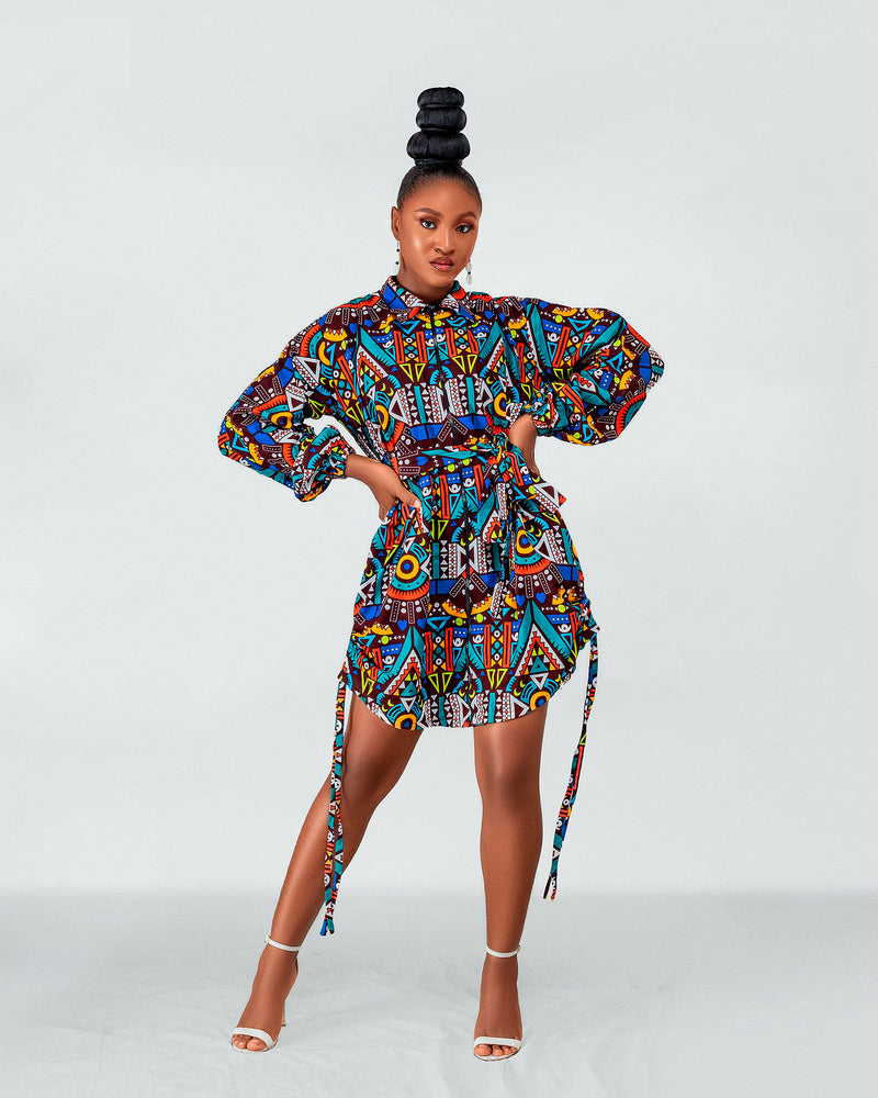 Amani Ankara Short Shirt Dress | African Blue Multicolored Tribal Print