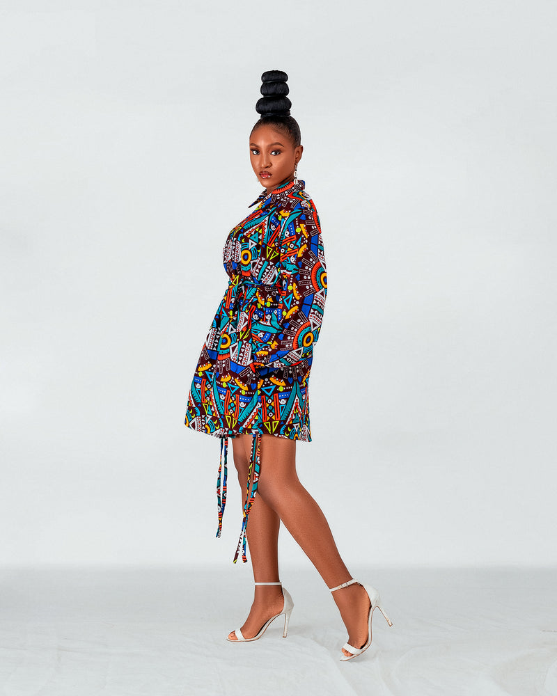 Amani Ankara Short Shirt Dress | African Blue Multicolored Tribal Print