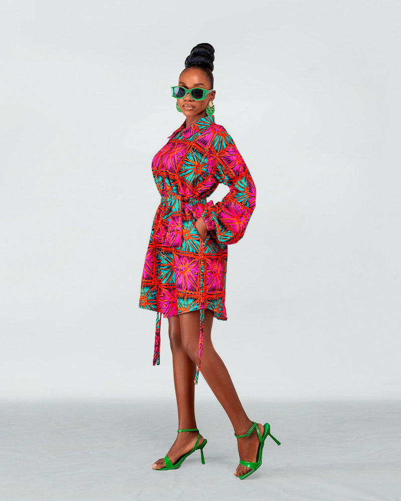 Adah Ankara Shirt Dress | Pink and Turquoise African Print